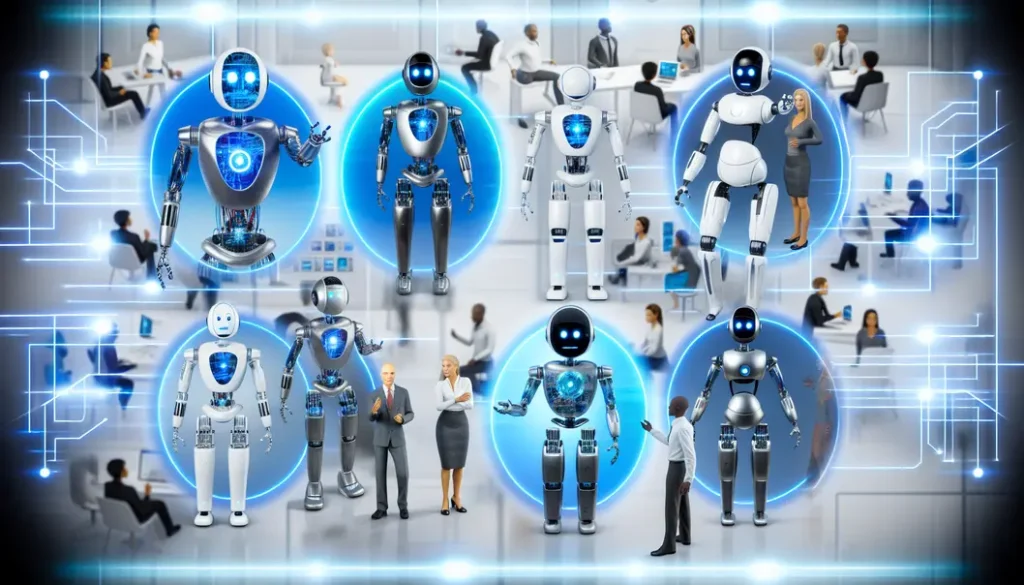 AI agents and humans engaging in harmonious settings across various environments.