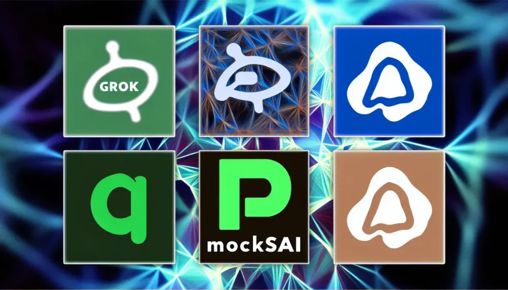A visually rich collage featuring logos of Grok3, Deepseek, Qwin, and OpenAI against a neural network backdrop.