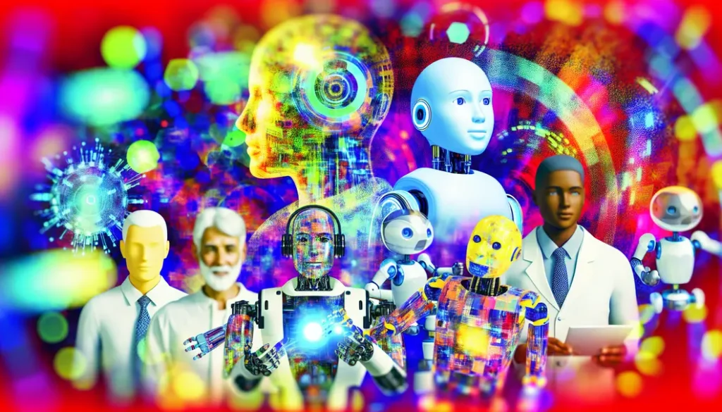 Futuristic depiction of AI agents and humans collaborating in a smart environment.