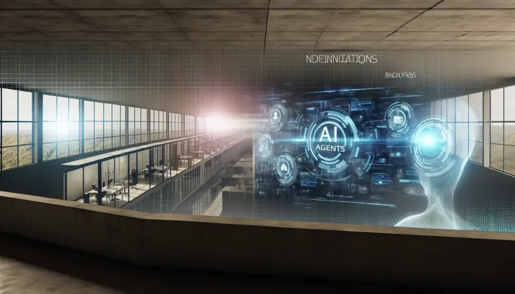 Futuristic business environment featuring AI agents and digital analytics.