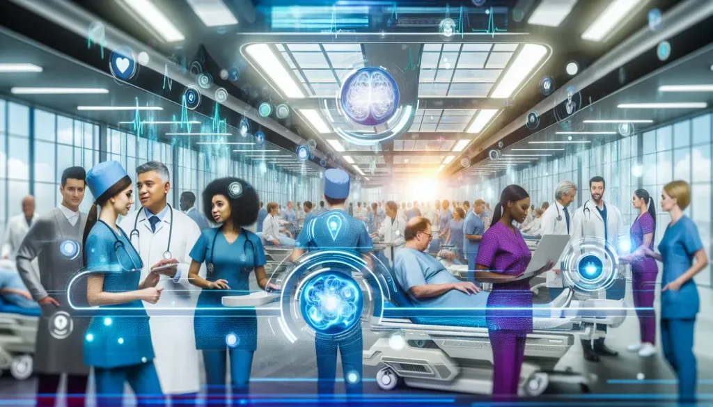 Futuristic hospital with AI systems improving patient care and collaboration among medical professionals.