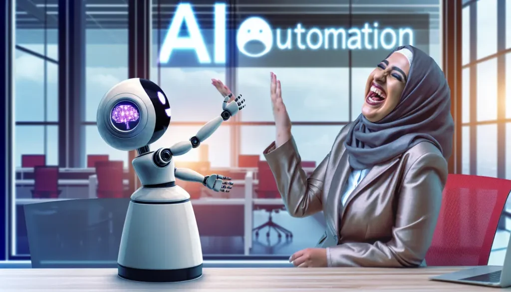 A colorful image collage of AI technologies humorously interacting with CEOs in a corporate setting.