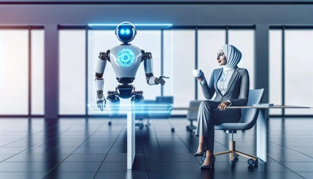 An engaging office scene with both human and AI robots working together.