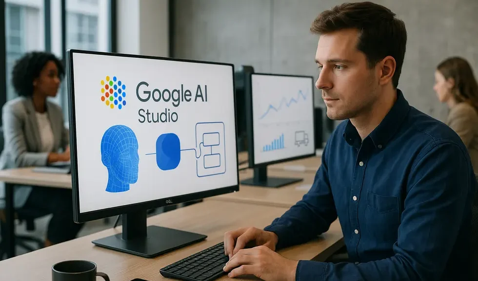 A photo-realistic depiction of AI applications spanning different business domains using Google AI Studio.