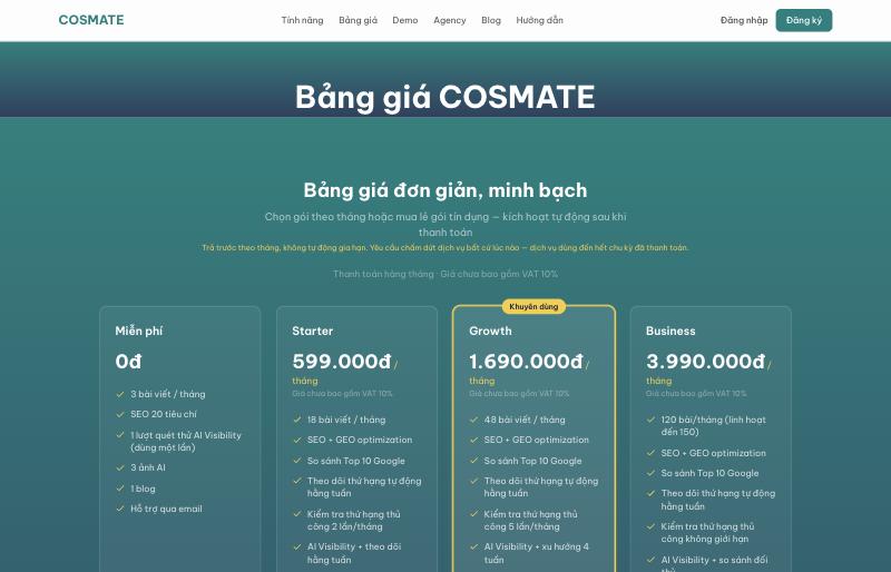 Bảng giá Cosmate: Miễn phí, Starter 599.000đ, Growth 1.690.000đ, Business 3.990.000đ mỗi tháng