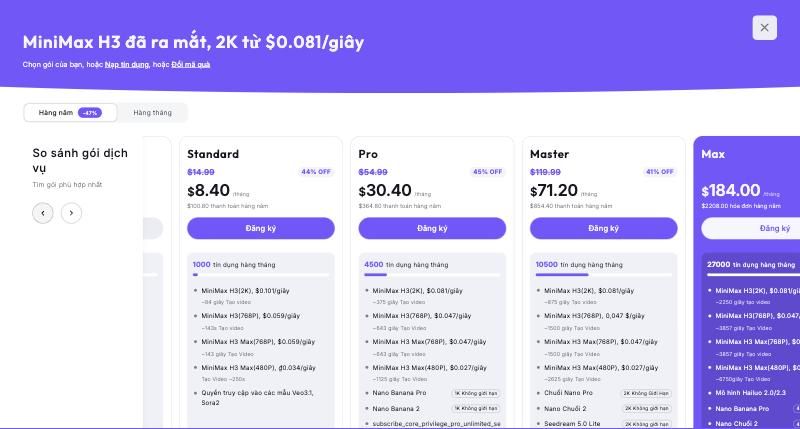 Bảng giá Hailuo AI bản tiếng Việt: Standard, Pro, Master, Max khi trả theo năm