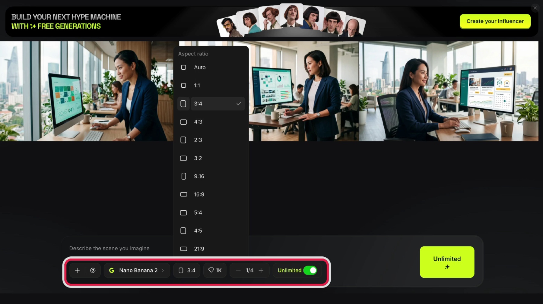 Kết quả tạo ảnh trên Higgsfield, thanh công cụ có model, tỉ lệ khung hình và công tắc Unlimited