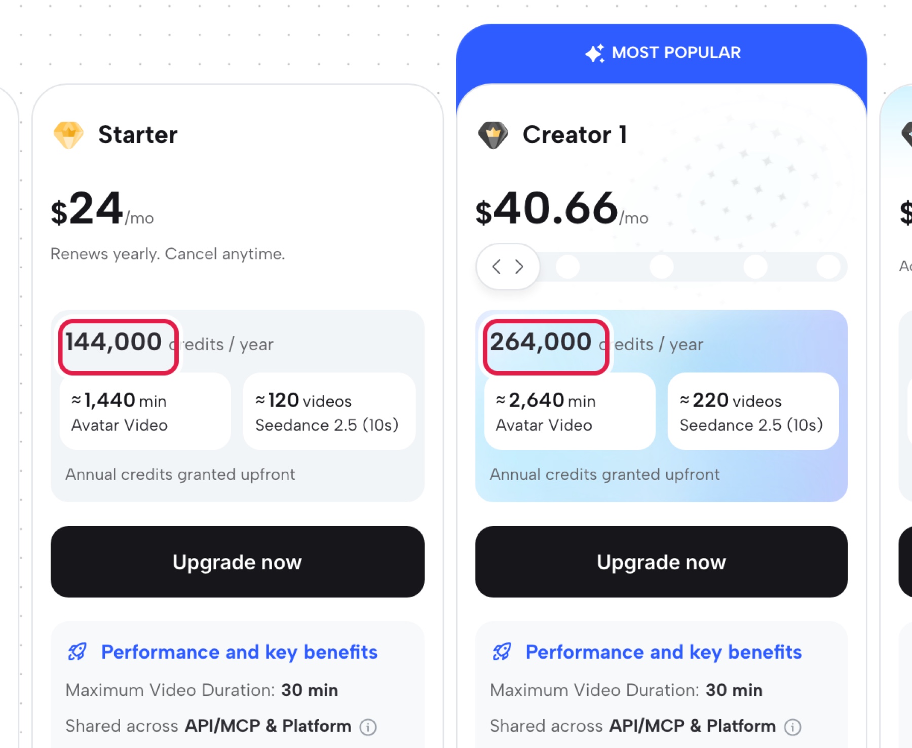 Gói Starter và Creator 1 trên trang giá chính thức của JoggAI khi trả theo năm, khoanh đỏ số credit mỗi năm