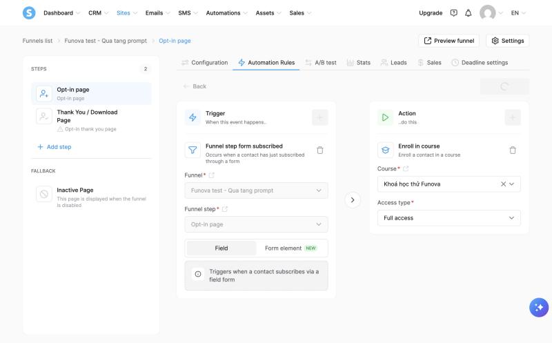 Automation rule trên Systeme.io: khi khách đăng ký form thì cấp quyền khoá học
