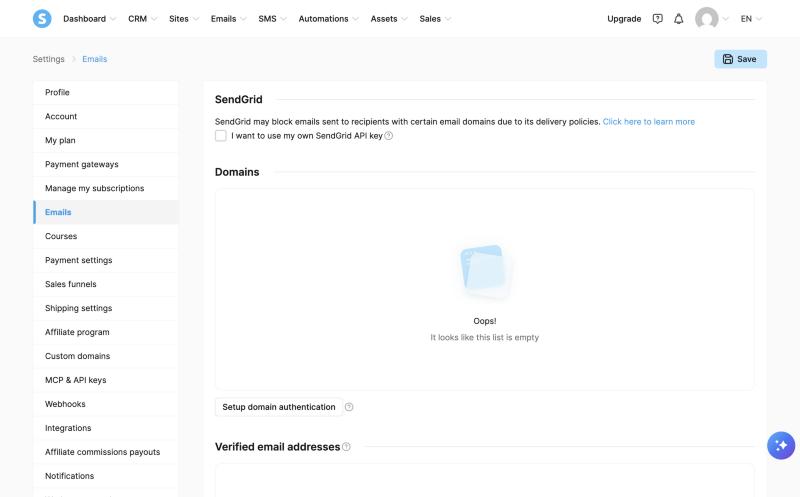 Cài đặt email của Systeme.io: SendGrid, xác thực tên miền và địa chỉ email đã xác minh