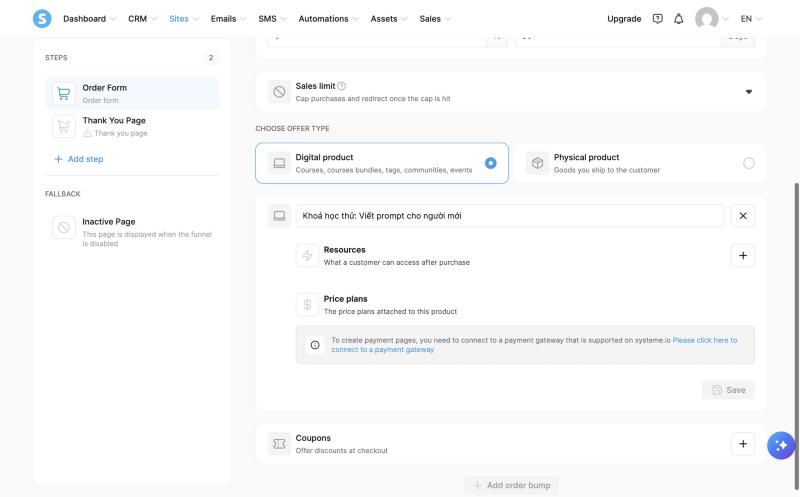 Systeme.io yêu cầu kết nối cổng thanh toán trước khi tạo bảng giá cho sản phẩm số