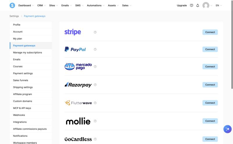 Danh sách cổng thanh toán trong tài khoản Systeme.io: Stripe, PayPal, Mercado Pago, Razorpay, Flutterwave, Mollie, GoCardless