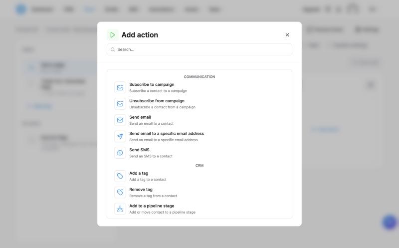 Danh sách action của automation rule trên Systeme.io: subscribe to campaign, send email, add a tag