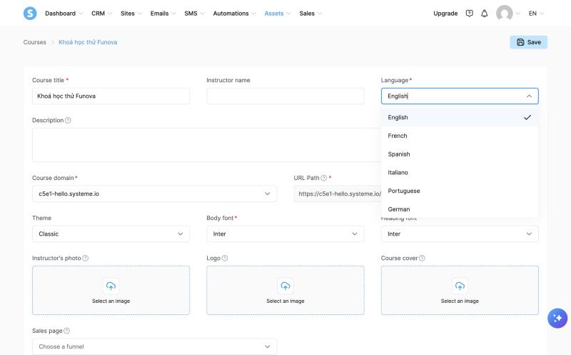 Cài đặt khoá học trên Systeme.io: ô Language không có tiếng Việt
