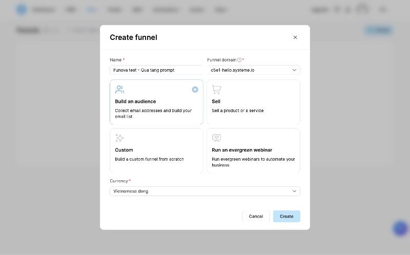 Hộp thoại Create funnel trên Systeme.io với tiền tệ Vietnamese dong