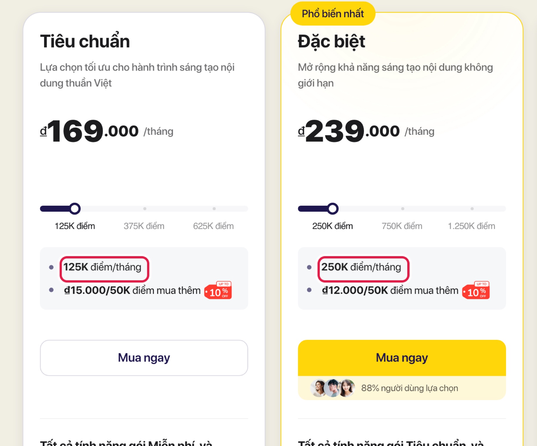 Gói Tiêu chuẩn và Đặc biệt trên trang bảng giá Vbee khi trả theo tháng, khoanh đỏ số điểm mỗi tháng