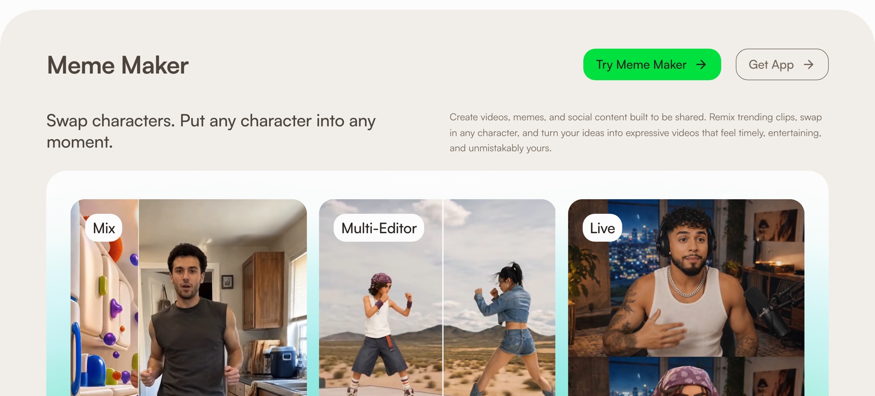 Phần Meme Maker trên trang chủ Viggle với ba chế độ Mix, Multi-Editor và Live
